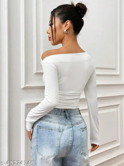 Istyle Can Solid White Color Asymmetric Collar Pleated Cropped Top - Asymmetrical Neck, Ruched Design, Regular Sleeve, Casual Style, Plain Pattern, Long Sleeve | Full Sleeve, Crop Length, Slim Fit, Medium Stretch Knitted Fabric, 95% Polyester, 5% Elastane