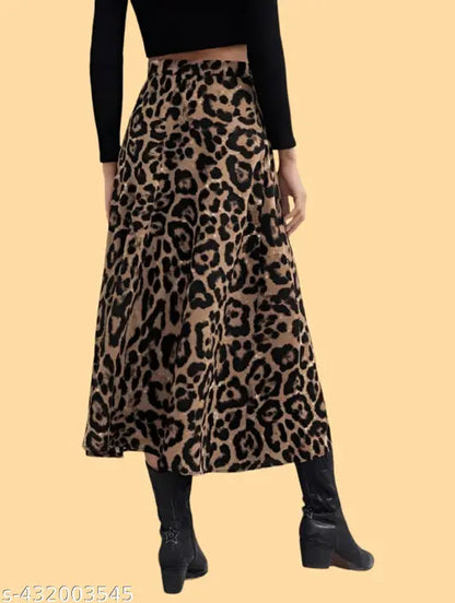 Casual Polyester Blend High Waist Elastic Single Side Slit Leopard Print & Stylish Skirt (31" Inches)