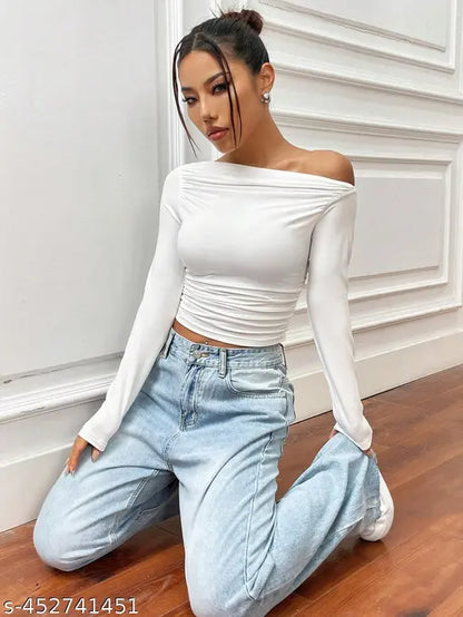 Istyle Can Solid White Color Asymmetric Collar Pleated Cropped Top - Asymmetrical Neck, Ruched Design, Regular Sleeve, Casual Style, Plain Pattern, Long Sleeve | Full Sleeve, Crop Length, Slim Fit, Medium Stretch Knitted Fabric, 95% Polyester, 5% Elastane