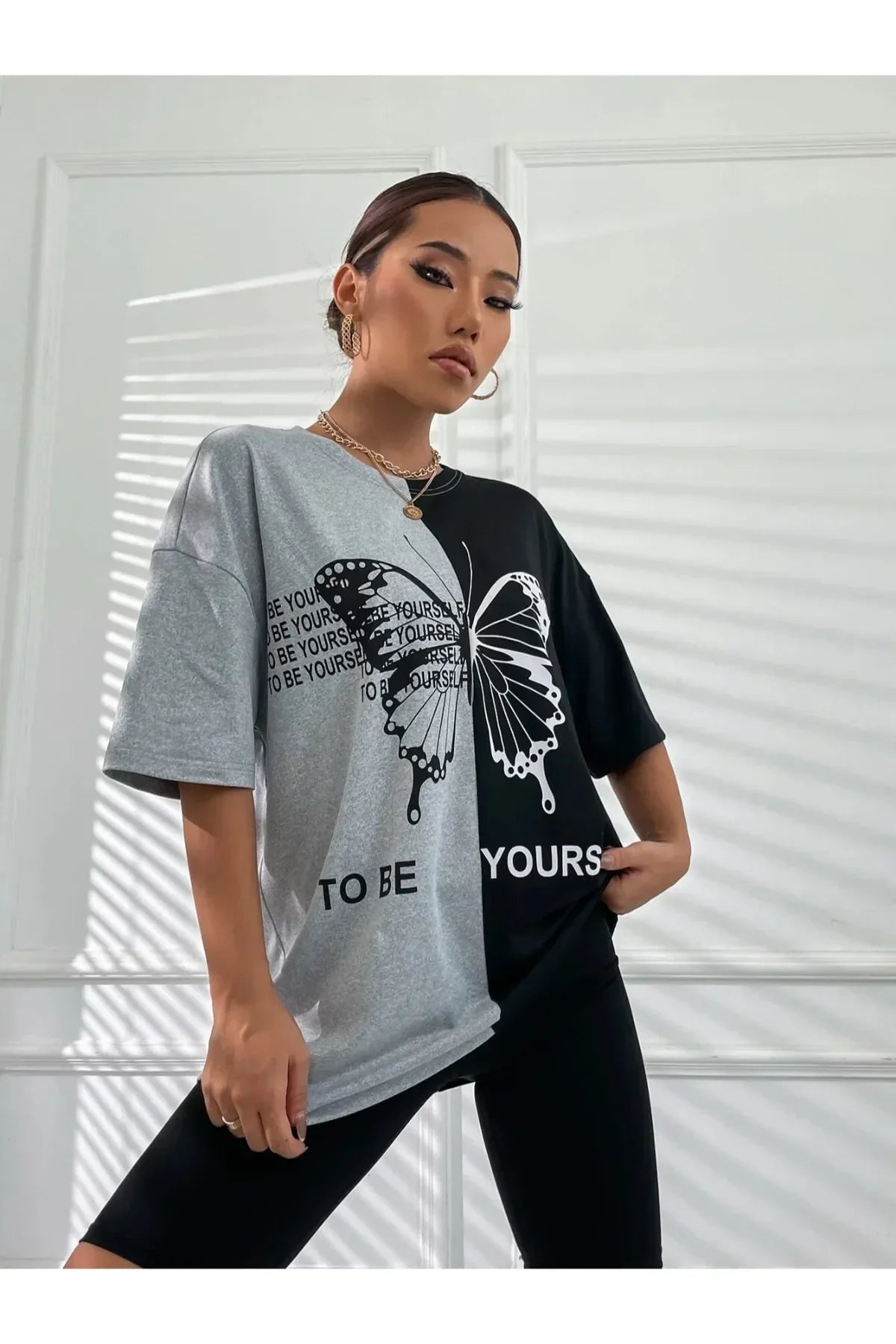 Women's oversized  tshirt with a colour combination of grey and black tshirt