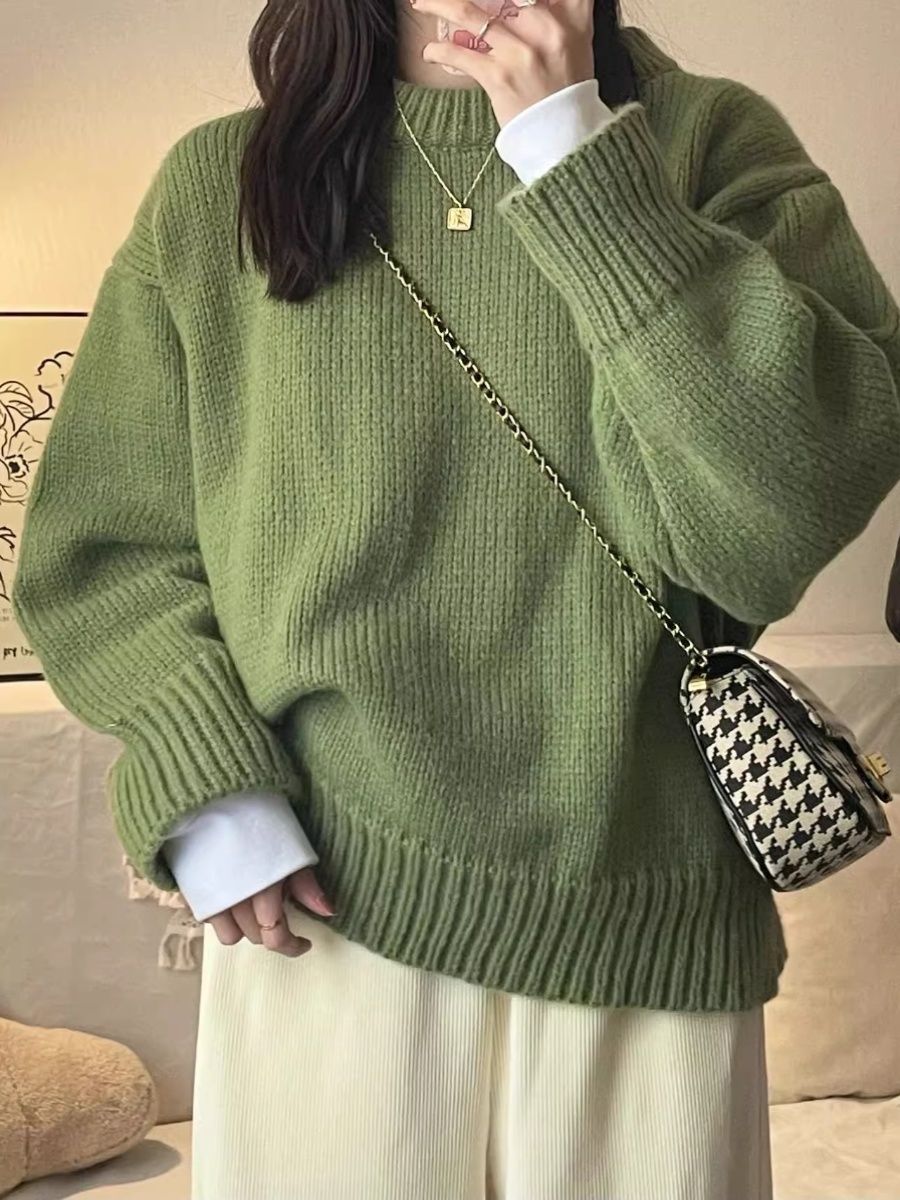 New O-Neck Loose Green Pullover Sweater For Women Autumn Winter Thick Retro Japanese Lazy Style