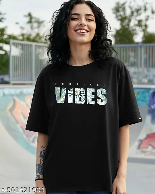 Vibes Black Graphic Printed Halfsleeve T-shirt for women