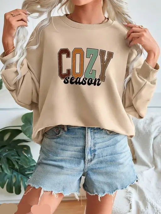 VELOMI Cozy Season Sweatshirt – Retro Colorful Letter Print Crewneck Pullover for Winter & Christmas