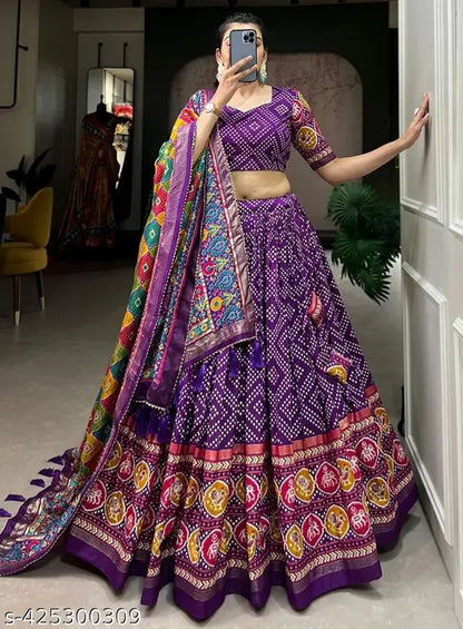 VELOMI Purple Tussar Silk Lehenga Choli – Bandhej & Patola Print with Foil Work