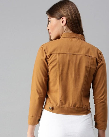 VELOMI Women’s Solid Brown Casual Jacket – Versatile Cotton Denim Outerwear