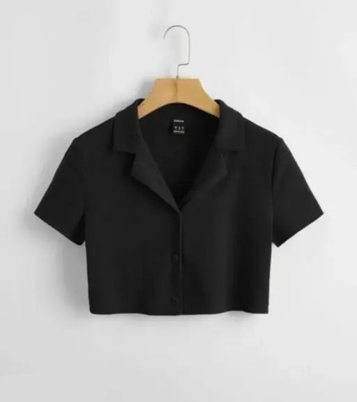 VELOMI Classic Black Crop Shirt – Half-Sleeve Women’s Casual Chic Top