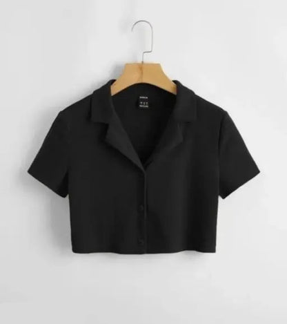 VELOMI Classic Black Crop Shirt – Half-Sleeve Women’s Casual Chic Top