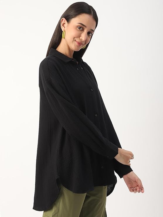 Women’s Intense Black Solid Oversized Shirt – 100% Cotton Double Cloth, Crinkled Texture, Full Sleeve