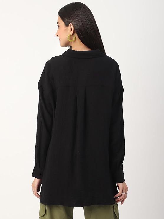 Women’s Intense Black Solid Oversized Shirt – 100% Cotton Double Cloth, Crinkled Texture, Full Sleeve