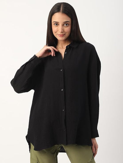Women’s Intense Black Solid Oversized Shirt – 100% Cotton Double Cloth, Crinkled Texture, Full Sleeve
