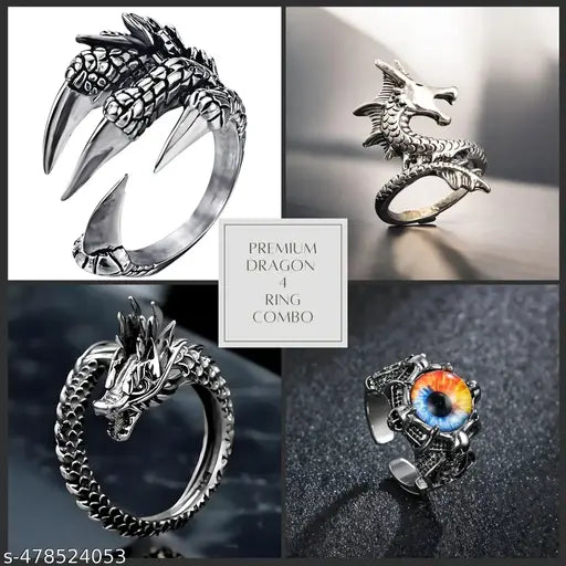 VELOMI Bold Men’s Rings Combo – Dragon Eye, Claw & Fashion Statement Pack of 4