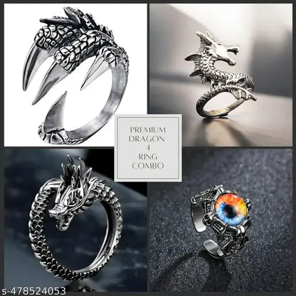 VELOMI Bold Men’s Rings Combo – Dragon Eye, Claw & Fashion Statement Pack of 4