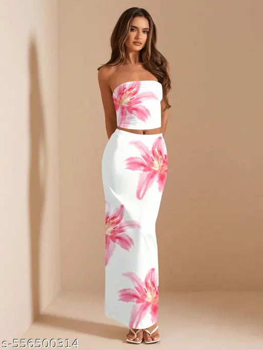 Trendy Floral Co-ord Set for Women | White Tube Crop Top & Skirt | Summer Western Wear Dress | Woman Trendy Dress | Trendy Woman Dress | Trendy Co-ord Set for women