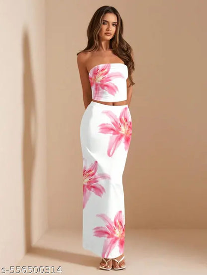 Trendy Floral Co-ord Set for Women | White Tube Crop Top & Skirt | Summer Western Wear Dress | Woman Trendy Dress | Trendy Woman Dress | Trendy Co-ord Set for women