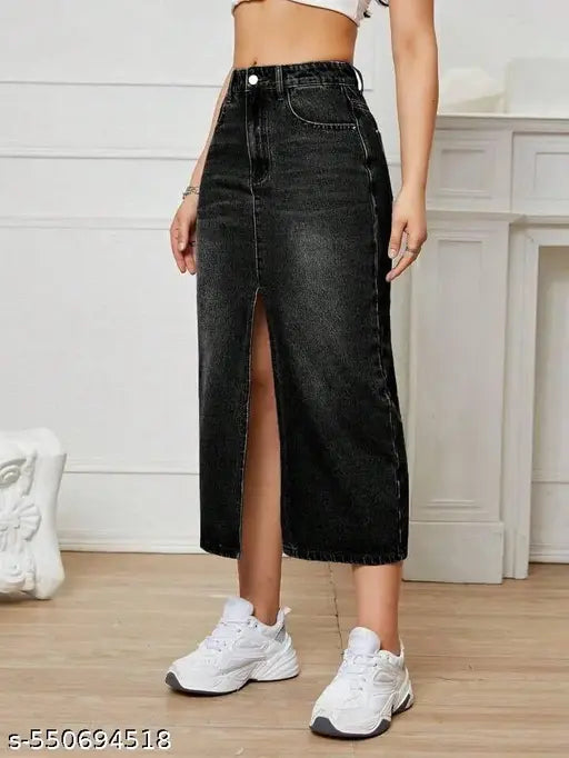 H&H Premium BLACK Whisker Midi DENIM Skirt