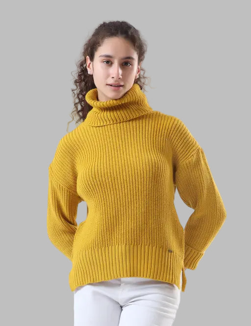 Chunky Ribbed Mustard Turtleneck in Pure Merino Wool – Vintage Sweater for Women