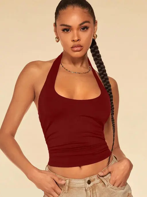 VELOMI Solid Halter Neck Sleeveless Crop Tank Top – Chic Western Style for Women