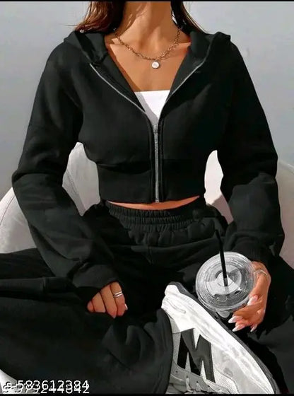 Trendy Black Co-ord Set for Women – Zip-Up Hoodie & Wide-Leg Joggers