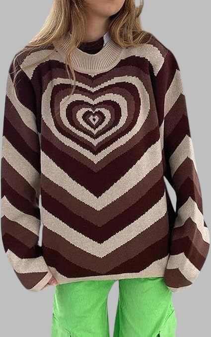 chouyatou Women Fall Winter Casual Long Sleeve Heart Striped Sweater Mock Neck Rib Knit Pullover Sweater