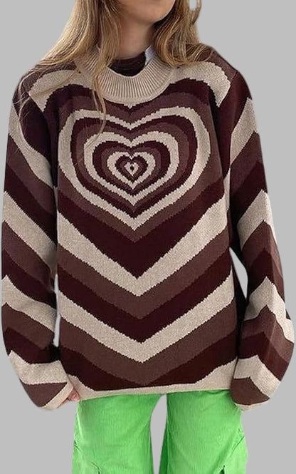 chouyatou Women Fall Winter Casual Long Sleeve Heart Striped Sweater Mock Neck Rib Knit Pullover Sweater