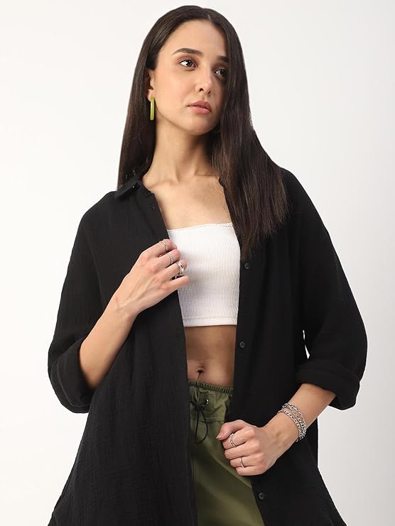 Women’s Intense Black Solid Oversized Shirt – 100% Cotton Double Cloth, Crinkled Texture, Full Sleeve