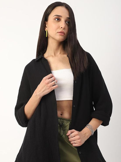 Women’s Intense Black Solid Oversized Shirt – 100% Cotton Double Cloth, Crinkled Texture, Full Sleeve