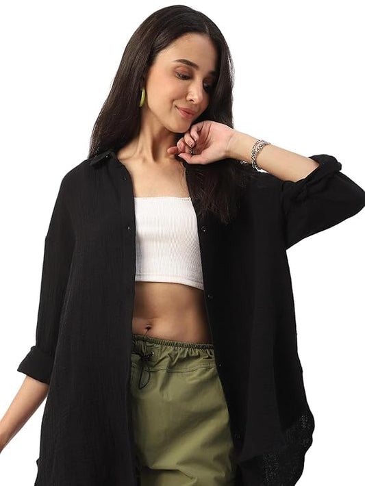 Women’s Intense Black Solid Oversized Shirt – 100% Cotton Double Cloth, Crinkled Texture, Full Sleeve