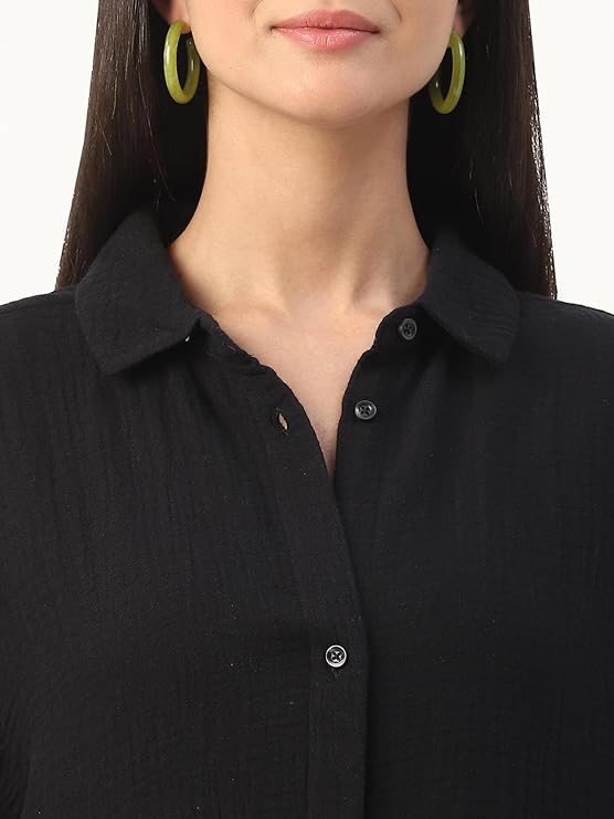 Women’s Intense Black Solid Oversized Shirt – 100% Cotton Double Cloth, Crinkled Texture, Full Sleeve