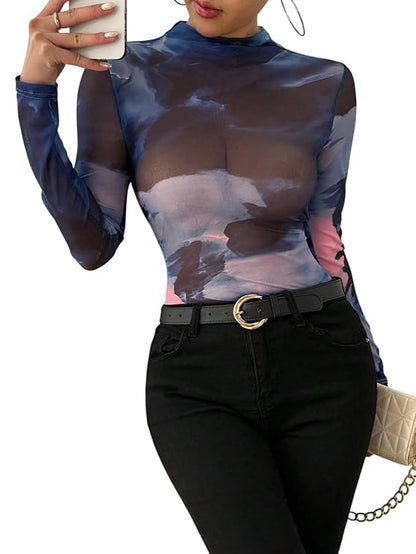 Miku Chiku Mesh Crop Top – Sheer Short Sleeve Aesthetic Tee with Unique Print & Ruffled Hem
