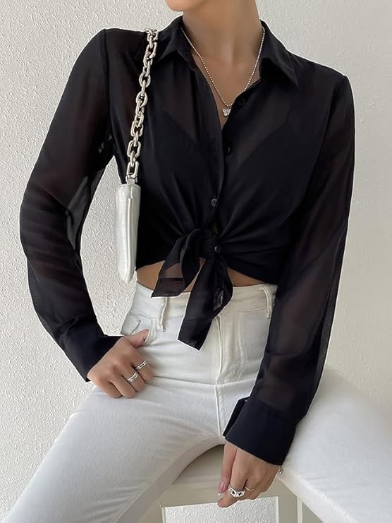 Women’s Sheer Long Sleeve Top – Lightweight Summer Western Casual & Office Wear Blouse