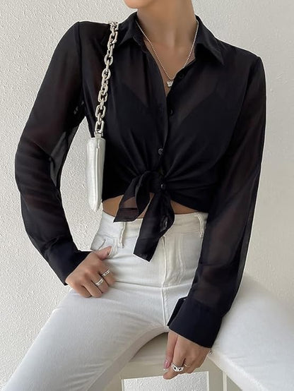 Women’s Sheer Long Sleeve Top – Lightweight Summer Western Casual & Office Wear Blouse