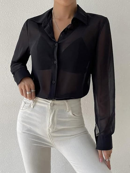 Women’s Sheer Long Sleeve Top – Lightweight Summer Western Casual & Office Wear Blouse