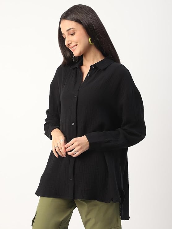 Women’s Intense Black Solid Oversized Shirt – 100% Cotton Double Cloth, Crinkled Texture, Full Sleeve