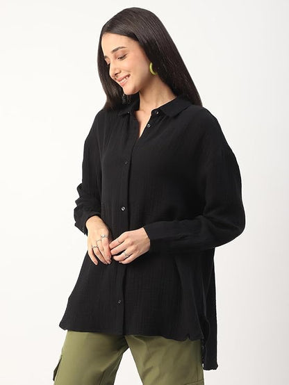 Women’s Intense Black Solid Oversized Shirt – 100% Cotton Double Cloth, Crinkled Texture, Full Sleeve