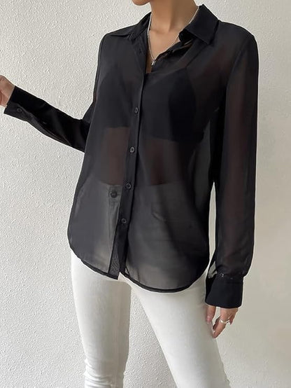 Women’s Sheer Long Sleeve Top – Lightweight Summer Western Casual & Office Wear Blouse