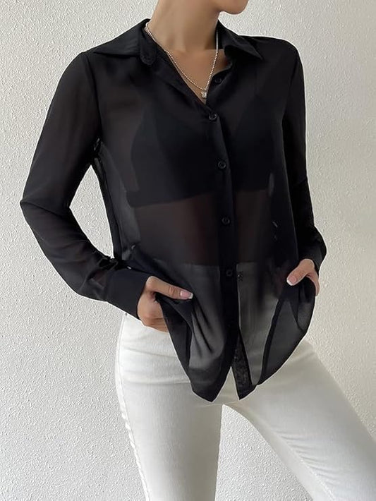 Women’s Sheer Long Sleeve Top – Lightweight Summer Western Casual & Office Wear Blouse