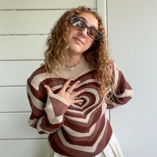 chouyatou Women Fall Winter Casual Long Sleeve Heart Striped Sweater Mock Neck Rib Knit Pullover Sweater