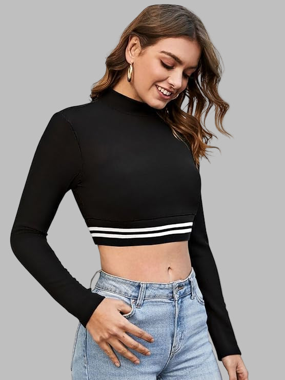 VELOMI Women’s Black Ribbed High Neck Crop Top – Slim Fit Full Sleeve Casual Fashion Tee for Girls & Teens