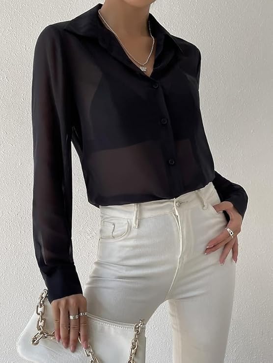 Women’s Sheer Long Sleeve Top – Lightweight Summer Western Casual & Office Wear Blouse