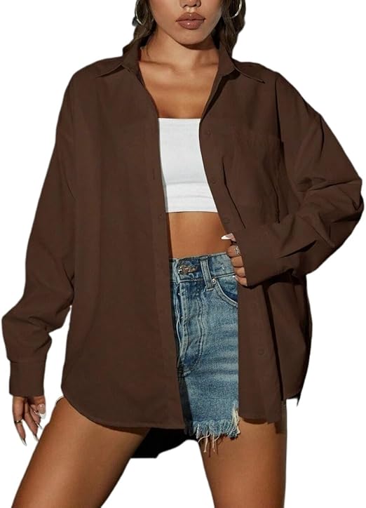 VELOMI Women’s Solid Button-Front Drop Shoulder Shirt – Casual Loose-Fit Blouse Top