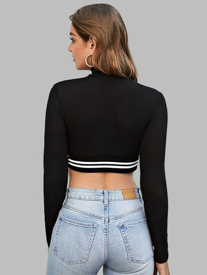 VELOMI Women’s Black Ribbed High Neck Crop Top – Slim Fit Full Sleeve Casual Fashion Tee for Girls & Teens
