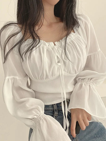 VELOMI Women’s French-Inspired Chiffon Blouse with Ruffle Trim & Tie-Front – Elegant Square Neck Bell Sleeve Top