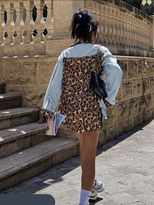 Women’s Casual Loose Leopard & Stripe Contrast Shirt – Trendy Autumn/Winter Essential