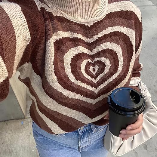 chouyatou Women Fall Winter Casual Long Sleeve Heart Striped Sweater Mock Neck Rib Knit Pullover Sweater