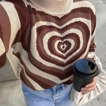 chouyatou Women Fall Winter Casual Long Sleeve Heart Striped Sweater Mock Neck Rib Knit Pullover Sweater