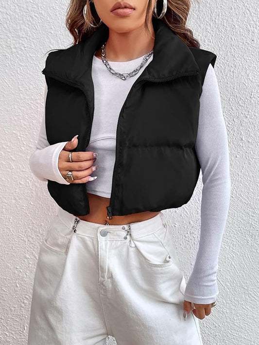 VELOMI Women’s Black Puffer Crop Vest Winter Jacket – Trendy Zipper Style for Girls & Women