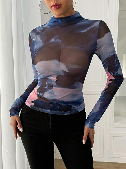Miku Chiku Mesh Crop Top – Sheer Short Sleeve Aesthetic Tee with Unique Print & Ruffled Hem