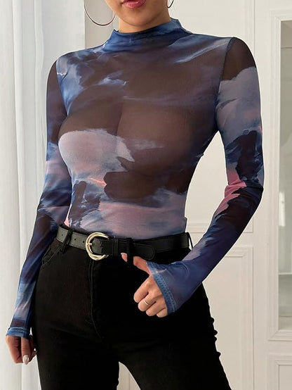 Miku Chiku Mesh Crop Top – Sheer Short Sleeve Aesthetic Tee with Unique Print & Ruffled Hem