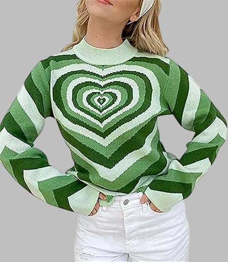 VELOMI Women’s Y2K Heart Wave Sweater – Color Block Graphic Half-High Neck Pullover Top