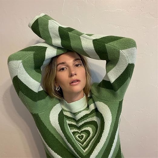 VELOMI Women’s Y2K Heart Wave Sweater – Color Block Graphic Half-High Neck Pullover Top
